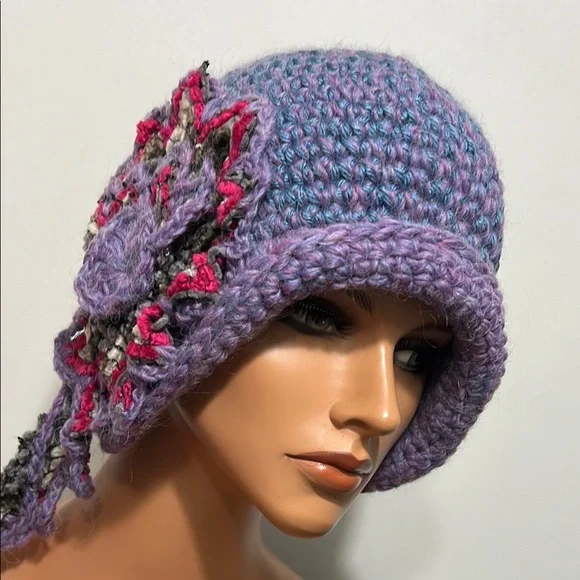 Handcrafted Purple Crochet Hat with Floral Accent display picture 2